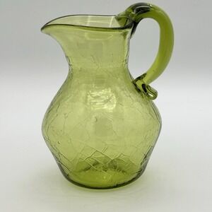 Vintage Hand Blown Green Crackle Glass Pitcher Applied Handle Art‎ Glass MCM